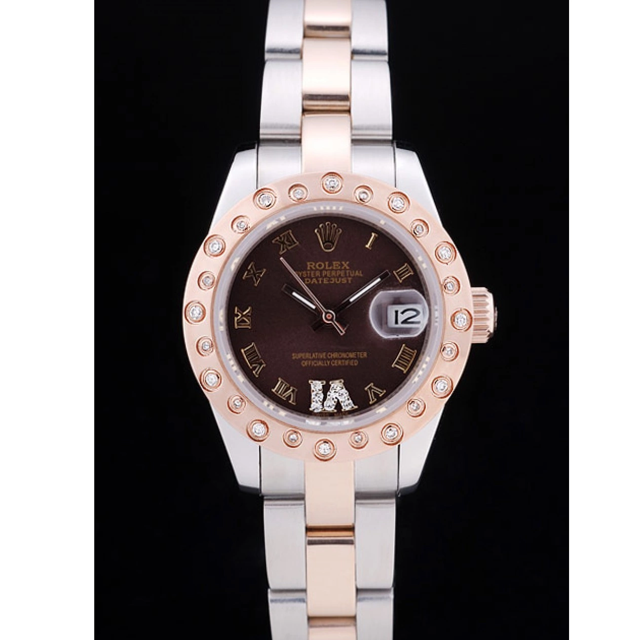 Aaa fake watches 7475 Bezel Dial Datejust Gold Brown Diamonds Rose Rolex Polished 0719